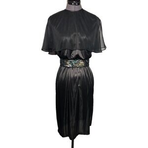 Vtg 70s Blair Black Disco Dress w/ La Regale Beaded Belt s/m